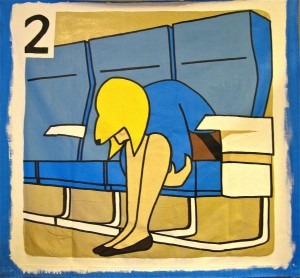 A cartoon-style depiction of a woman in a blue dress seated on an airport bench, bending forward with her head down, representing frustration or waiting.