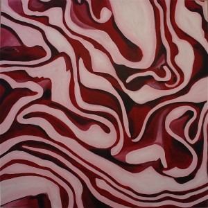 Abstract painting featuring swirling red and pink patterns, emphasizing fluidity and motion, adding vibrant visual interest to the art collection.