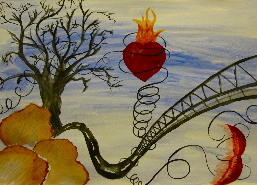 A surreal watercolor depicting a bare tree and a fiery heart entwined with spirals, connected by a bridge, evoking themes of passion and connection.
